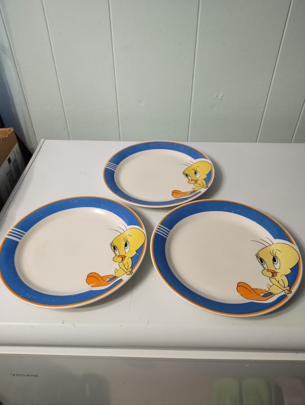 3 Gibson Looney Tunes Tweety Bird Blue Rim Ceramic Dinner Plates